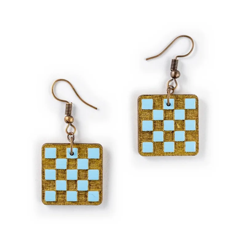 Wooden Drop Geometric Earrings - Chess Grid (square), Blue